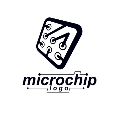 Fütürist sibernetik şema, vektör siyah ve beyaz ana kart. Dijital element, kare devre kartı. Elektronik mikro işlemci logosu.