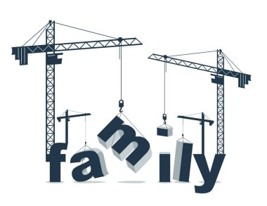 İnşaat vinçleri, aile kelime vektör konsepti tasarımı, gelişim sürecinde alegorili kavramsal illüstrasyon, ilişki metaforu inşa eder..