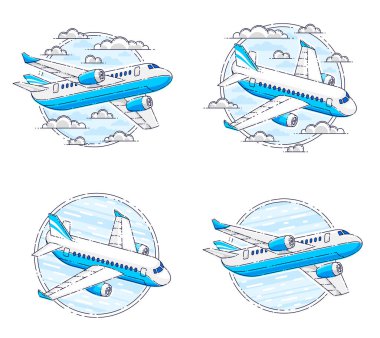 Hava yolu amblemleri ya da uçak uçakları ve yuvarlak şekilli çizimler. Güzel ince çizgi vektörleri beyaz arkaplan üzerinde izole edildi.