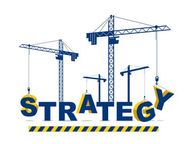 İnşaat vinçleri strateji kelime vektör konsepti tasarımı, gelişim sürecinde alegorili kavramsal illüstrasyon, iş planının şık metaforu oluşturur..