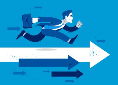 İş adamı koşar ve acele eder oklarda kariyer rekabetini simgeler vektör ilüstrasyonunu, komik komik komik çizgi roman işçisi ya da çalışanı başarıya koşar.