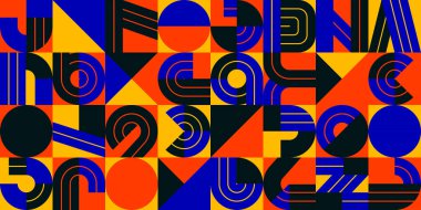 Geometrik elementlere sahip kusursuz desen vektör trend tasarımı, renkli tipografi parçaları kaplama arkaplan, soyut kompozisyon.