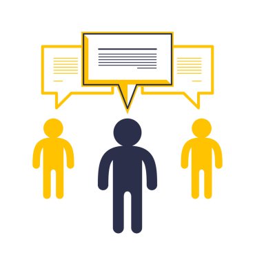 Teknik destek ekibi, konuşma baloncukları vektör düz tasarımı olan üç adam..