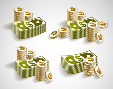 Nakit para madeni paralar ve banknot dolar yığını, klasik stil illüstrasyon seti.