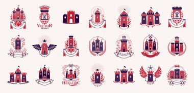 Vintage şatolar vektör logoları veya amblemler, Heraldik tasarım elementleri büyük set, klasik habercilik mimari sembolleri, antik kaleler ve kaleler.