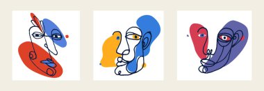 Soyut yüz vektör portresi seti, soyut sanat adamı kafası, el çizimi minimal modern sanat eseri, insan yüzü soyutlaması.