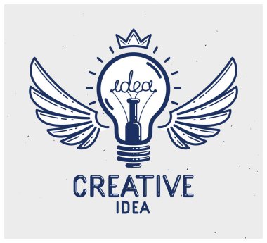 Roket vektörü doğrusal logosu ya da simgesi gibi fırlatılan kanatlı fikir ampulü, yaratıcı fikir girişimi, bilim icadı ya da araştırma ampulü, yeni iş kurma.