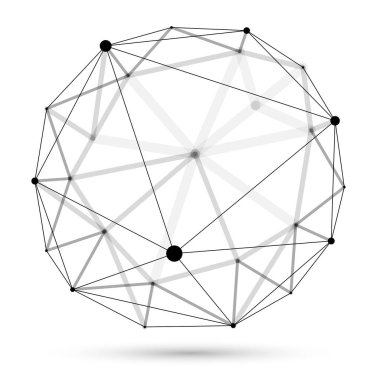 Soyut 3D ağ küre vektör illüstrasyonu, çizgilerle bağlantılı noktalar, beyaz arkaplanda izole edilmiş çokgen nesne, gerçekçi alan etkisi derinliğine sahip dinamik kafes.