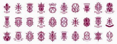 De Lis ve Crown klasik Heraldik amblemler vektör büyük set, antika herallik sembolik rozetler ve zambak çiçek sembollü ödüller koleksiyonu, klasik tarz tasarım unsurları, aile amblemleri.