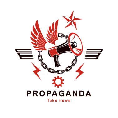 Vektör logo demir zinciri ve mühendislik cog wheel çevrili megafon ekipman ile oluşan kanatlı. Propaganda ideoloji empoze Yöntem olarak