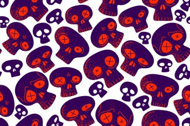 Kafatasları pürüzsüz tekstil deseni, korku heykelleri sonsuz duvar kağıdı arka planı, çizgi film stili, ölüm ve heavy metal kültürü müzik teması.