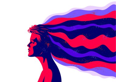 Baş vektör illüstrasyonundan hareketli soyut sıvı şekilli kadın profili, felsefi ve psikolojik farkındalık, meditasyon ve farkındalık.
