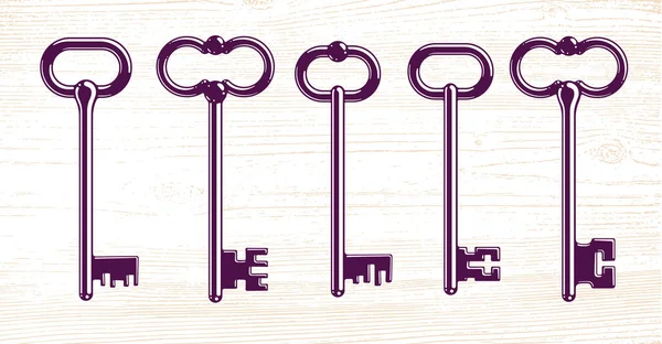 Vintage Keys Vector Logos Icons Set Beautiful Antique Turnkeys Illustrations — Stock Vector