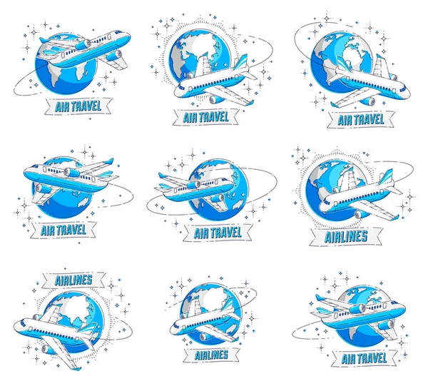 Aerolíneas Emblema Viaje Aéreo Ilustraciones Con Aviones Avión Planeta Tierra — Vector de stock