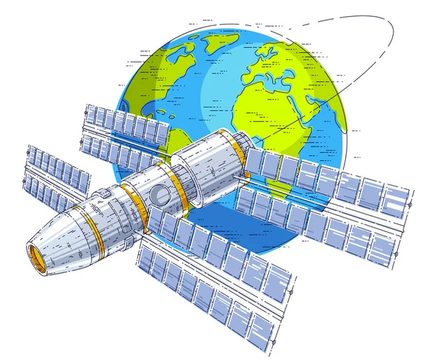 Raumstation Orbitalflug Die Erde Raumschiff Mit Sonnenkollektoren Künstlicher Satellit Thin — Stockvektor