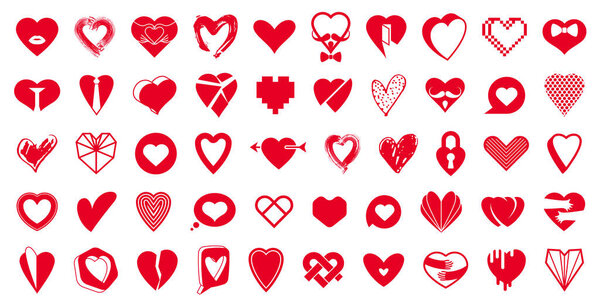 Collection of hearts vector logos or icons set, heart shapes of different styles and concepts symbols, love and care, health and cardiology, geometric and low poly.