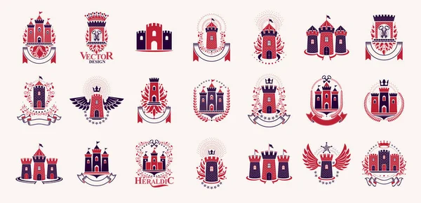 古城堡矢量标志或标志 纹章设计元素大集合 古典风格的纹章建筑符号 古堡和堡垒 — 图库矢量图片