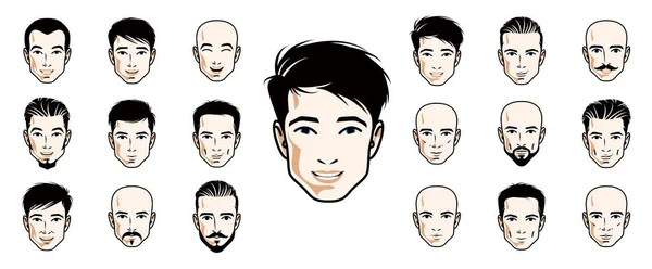 帅男人的脸和发型头像矢量图片集与白色背景隔离 男人快乐迷人漂亮的脸庞阿凡达系列与不同的发型 — 图库矢量图片