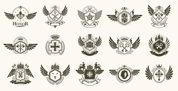 Classic Style Emblems Big Set Ancient Heraldic Symbols Awards Labels — Stock Vector