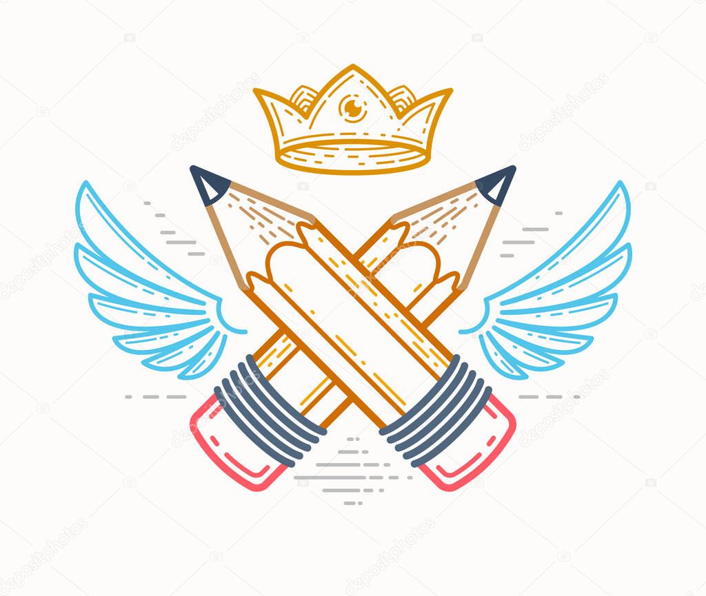 Two crossed pencils with wings and crown, vector simple trendy logo or icon for designer or studio, creative king, royal design, linear style.