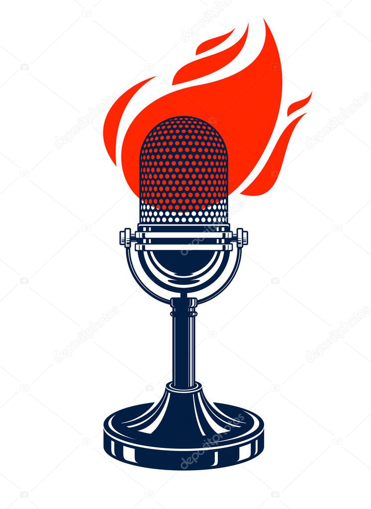 Vintage microphone on fire, hot mic in flames, studio recording music, on the air typing, vector logo or illustration, live radio translation, standup comedy, t-shirt print.