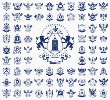 Klasik Heraldik amblem vektör seti, antika herallik sembolik rozetler ve ödüller koleksiyonu, klasik tarz tasarım unsurları, aile amblemleri.