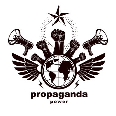 Hoparlörlerle yapılmış pazarlama afişi, sıkılmış yumrukları kaldırdı ve Dünya gezegeni, vektör illüstrasyonları. Propaganda küresel kamuoyu üzerinde etki aracı olarak.