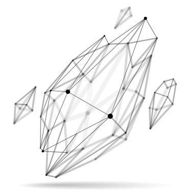 Soyut 3D ağ şekilli vektör çizimi, çizgilerle bağlantılı noktalar teknoloji çokgen nesne beyaz arkaplan üzerinde izole, gerçekçi alan etkisi derinliğine sahip dinamik kafes.