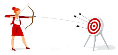 İş kadını hedef vektör illüstrasyonuna ok atıyor. Kariyer ve hedef kavramı. Başarı odaklı iş kadını..