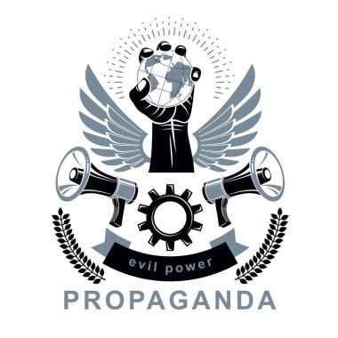 Vektör poster pazarlama ile hoparlörler oluşan ve mühendislik dişli tarafından çevrili toprak küre tutan Kol kaldırdı. Sosyal devrim kavramı, herhangi bir kısıtlama. Propaganda aracı olarak siyasi ajitasyon.