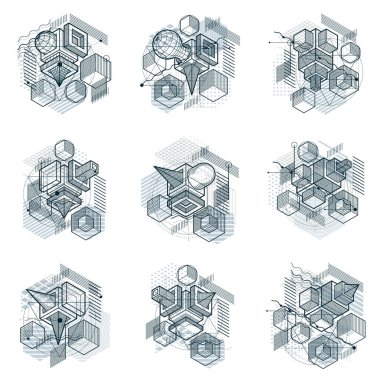 Çizgileri ve farklı öğeleri izometrik soyutlamalar vektör arka. Besteleri küpleri, Altıgenler, kareler, dikdörtgenler ve farklı soyut öğeler. Vektör set.