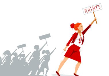 Feminist kadın eylemci kalabalığa önderlik ediyor. İnsan hakları için mücadele ediyor. Vektör illüstrasyonu izole edilmiş, sosyal adalet savaşçıları, kız gücü..