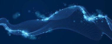 Karanlık vektör arkaplanı üzerinde akan parçacıkların dalga çizgisi, pürüzsüz kıvrımlı noktalar sıvı dizilimi. 3D noktalar harmanlanmış ağ, geleceğin teknolojisi duvar kağıdını rahatlatıyor.