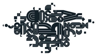 Soyut modern vektör modu tasarımı, geometrik şekiller stil bileşimi, siyah ve beyaz modüler desen sanatsal illüstrasyon, tipografi harfleri elementleri.