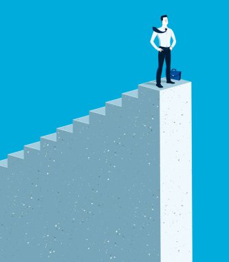 Üst basamaklarda duran iş adamı vektör çizimi, başarı ve kariyer gelişimi konsepti, liderlik hırsı, yakışıklı iş adamı.