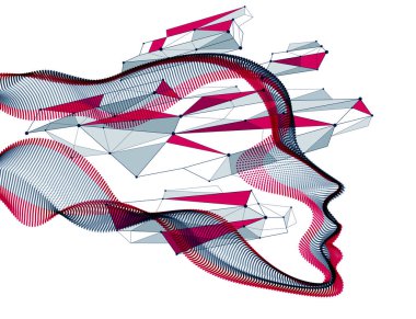 Teknolojik evrim zamanı, makinenin dijital yazılım ruhu, noktalı parçacıklardan yapılmış insan kafa vektör portresi dalga şeklindeki akış çizgileri. Güzel fütürist çizimler.