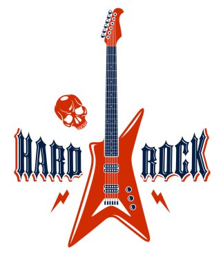 Hard Rock amblemi elektro gitar vektör logosu, konser festival ya da gece kulübü etiket, müzik Tema illüstrasyon ile gitar dükkanı veya t-shirt baskı, rock band işaret ile şık tipografi.