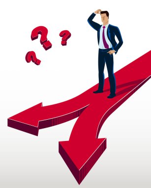 Farklı yönleri seçen işadamı vektör illüstrasyonu konusunda şüpheci, iş adamı farklı seçenekler veya fırsatlar yüzünden ikilemde kalıyor.