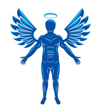 Vector illustration of human, athlete made using angel wings and nimbus. Holy Spirit, cherub metaphor. clipart