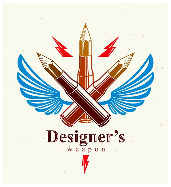 アイデアは 創造力 ベクトルロゴやアイコンの代わりに鉛筆で翼のある銃器カートリッジケースとして示されているデザイナーやアーティストの主張の武器の概念です — ストックベクタ