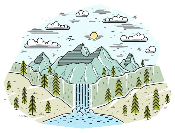 Krásný Vodopád Vysokých Hor Rozsah Vektorové Ilustrace Izolované Bílém Krása — Stockový vektor