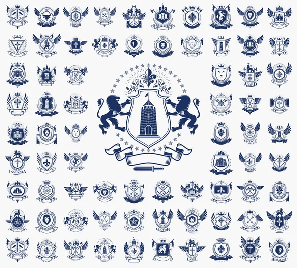 Klasik Heraldik amblem vektör seti, antika herallik sembolik rozetler ve ödüller koleksiyonu, klasik tarz tasarım unsurları, aile amblemleri.