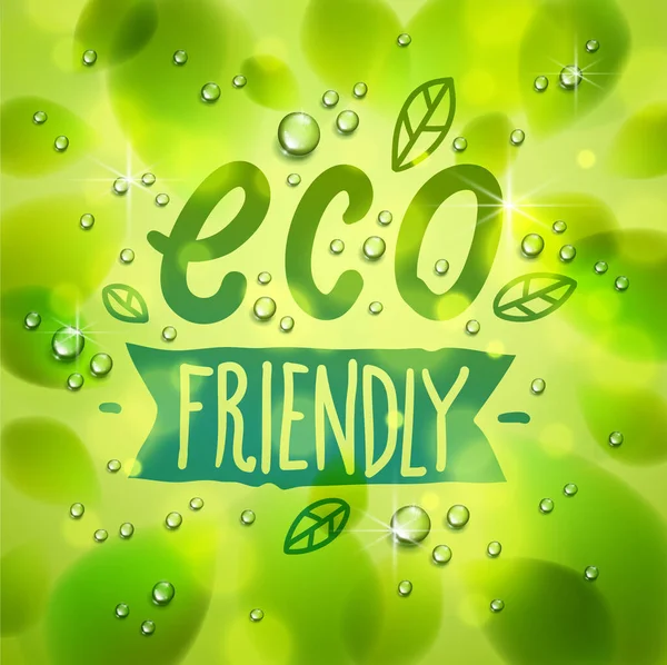 Ekologická Slova Kreslená Okně Čerstvé Zelené Listy Kapky Deště Nebo — Stockový vektor