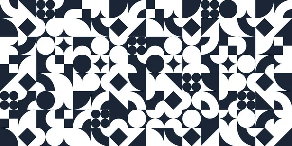 幾何学の黒と白のシンプルな要素を持つ幾何学的な抽象的なシームレスなパターン レトロな70年代スタイルの壁紙の背景 バウハウス建設的なスタイルのタイル — ストックベクタ