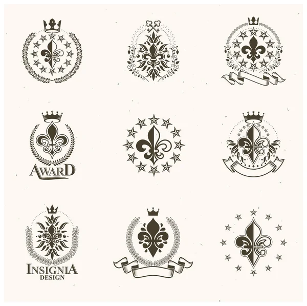 Kungliga Symboler Lily Blommor Emblem Set Samling Heraldiska Vektorelement Retro — Stock vektor