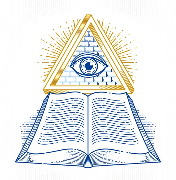 Secret Knowledge Vintage Open Book All Seeing Eye God Sacred — Stock Vector