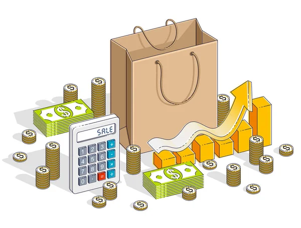 Big Sale Concept Retail Sellout Shopping Bag Met Cash Geld — Stockvector