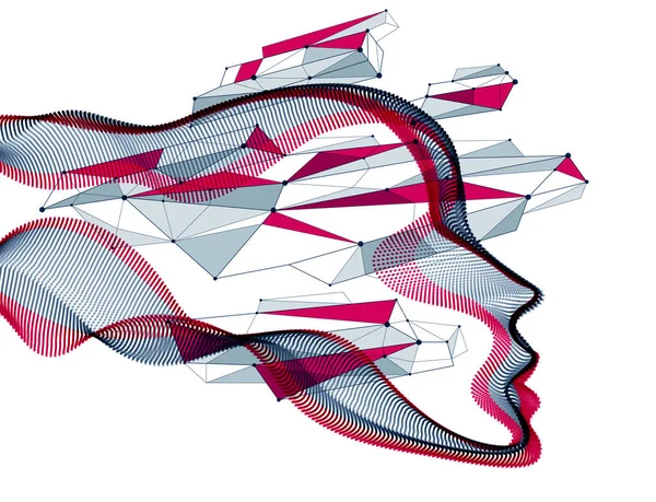 Teknolojik evrim zamanı, makinenin dijital yazılım ruhu, noktalı parçacıklardan yapılmış insan kafa vektör portresi dalga şeklindeki akış çizgileri. Güzel fütürist çizimler.