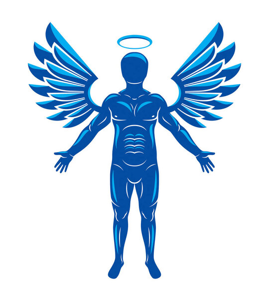 Vector illustration of human, athlete made using angel wings and nimbus. Holy Spirit, cherub metaphor.