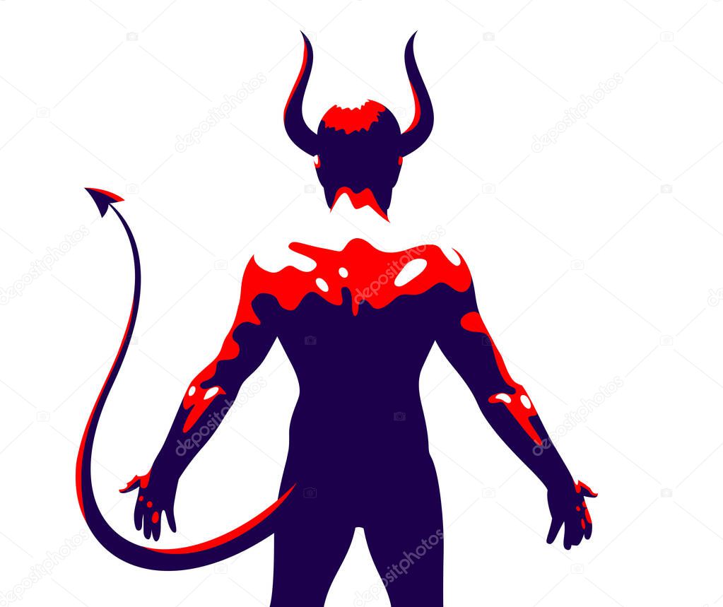 Devil muscular strong man with horns and tail from back view vector illustration, powerful demon, the evil is strong, animal part of human nature, inner beast.
